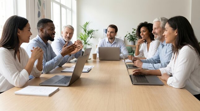 Intercultural cooperation meeting focuses on collaboration and ideas in a bright office space with a diverse group of professionals engaged in discussion