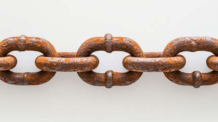 Fototapeta premium A prominent and heavy rusty anchor chain link isolated on a white background showcasing its aged metal texture and strong connection