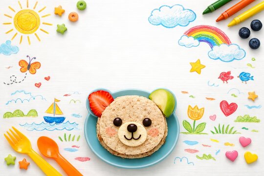 Creative breakfast for child with bear toast, fruit, and colorful crayon drawing background. Healthy meal for picky eater or kid party