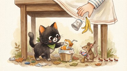 Cute Kitten and Mouse Cleaning Trash Under Table &ndash; Eco Friendly Illustration