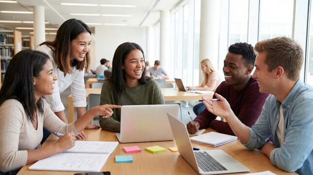 Students work on art project together in classroom during study session in college library with laptops and notes