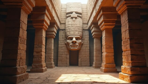 Interior of stone ancient temple with large carved head statue. Stone columns and floor lead into a dark doorway. Sunlight streams from above.