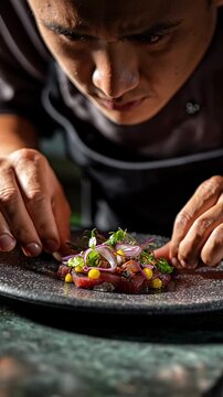 Chef carefully plating traditional Peruvian ceviche with fresh fish herbs and vegetables representing fine dining Latin cuisine and modern gastronomy