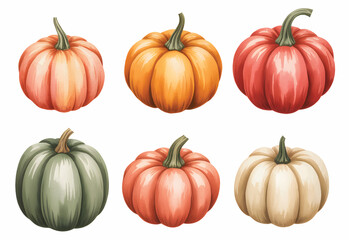 Assorted pumpkins and squash watercolor set isolated on white. Autumn pumpkin watercolor elements for seasonal and holiday design.