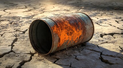 An old rusted metal barrel canister lying on cracked dry ground with peeling paint and visible corrosion