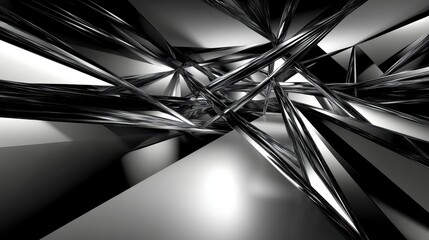 Abstract geometric construction of interlocking steel beams creating a complex futuristic design with sharp angles and metallic sheen