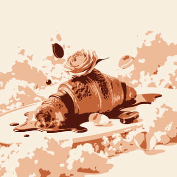 Elegant Crossaint Adorned with Chocolate Drizzle and Delicate Rose Surrounded by Luxurious Fluffy Clouds and Petals Highlighting Culinary Artistry