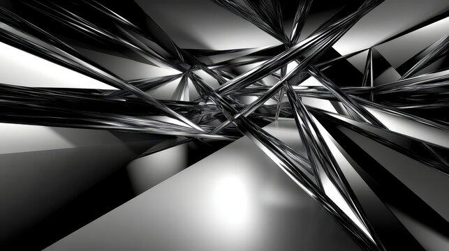 Abstract geometric construction of interlocking steel beams creating a complex futuristic design with sharp angles and metallic sheen