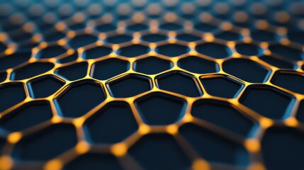 Fototapeta premium Abstract golden hexagonal grid structure with interlocking geometric patterns on a dark blue background