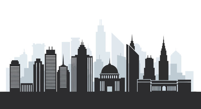 City skyline with various buildings.