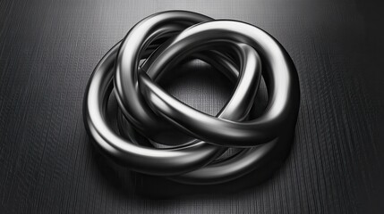 Fototapeta premium Polished steel interlocking rings forming a complex knot sculpture with smooth surfaces and intricate connections