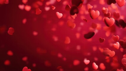 Falling 3D hearts background on deep red gradient, perfect for Valentine's Day, love, romance, wedding, or anniversary celebration background with copy space.