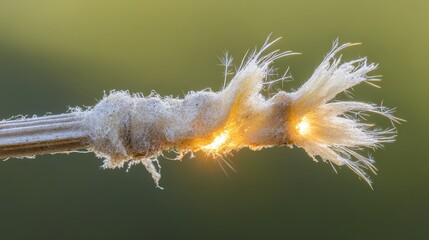 Close up of frayed electrical insulation sparking with bright orange light against a blurred green background