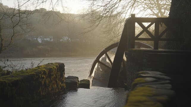 Close up of a traditional stone and wood waterwheel mechanism turning with flowing river water creating energy and motion