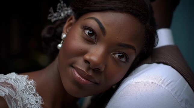 Bride resting her head on the groom&rsquo;s shoulder. Quiet safety and trust expressed through subtle body language, captured with advertising-level emotion and refined wedding aesthetics.
