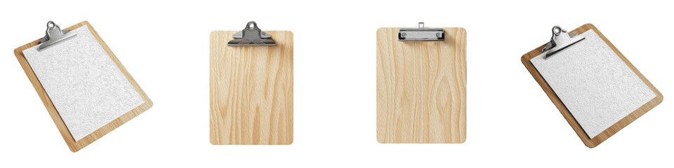 Fototapeta premium Realistic Wooden Clipboard Collection Featuring Detailed Grain and Metallic Hardware Isolated on White Background PNG Mockup