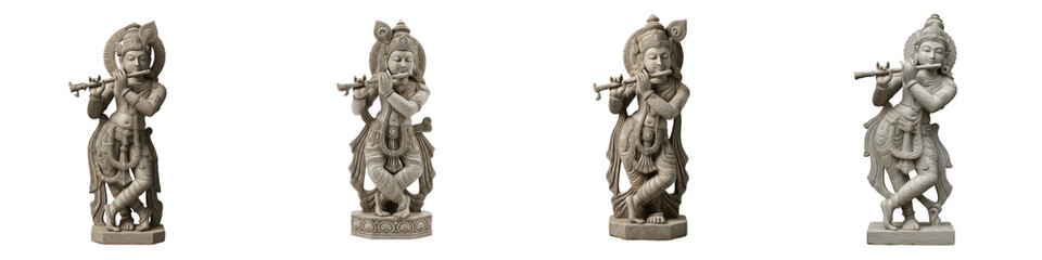 Fototapeta premium Realistic Ancient Stone Statue Collection Featuring Detailed Traditional Lord Krishna Murti Sculpture Textures Isolated on White Background PNG Mockup