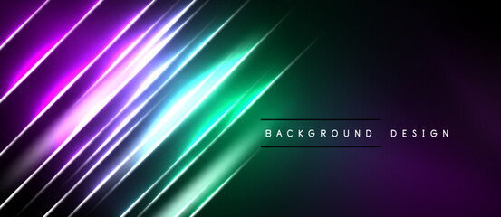 Abstract diagonal lines create vibrant gradient. Purple, green hues dominate dark background. Modern design element.