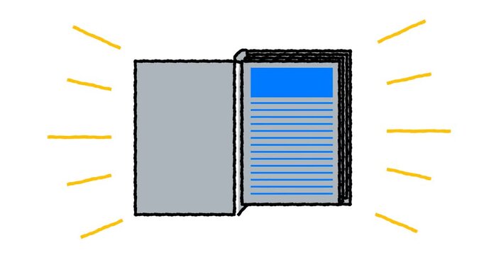Hand drawn animated open book with yellow rays. Education, learning, knowledge and imagination concept doodle sketch. 4K loop, white background for school and library.