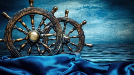 Two antique wooden ship wheels resting on blue satin fabric with a textured ocean background