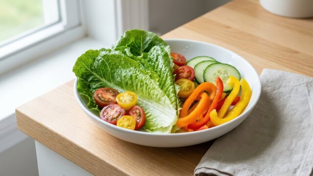 Fresh Garden Salad Ready for Serving in a White Bowl on a Wooden Table
