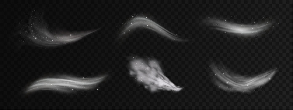 White wind brush strokes and airflow streak effects, isolated on transparent background for motion and abstract design.