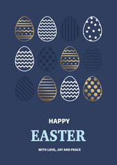 Easter greeting card with golden eggs in geometric pattern. Minimal design. Vector illustration