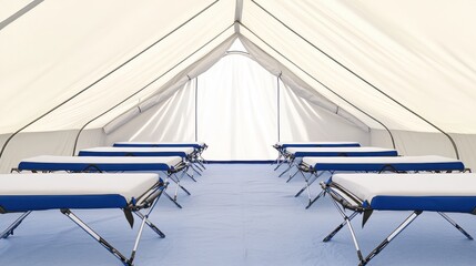Rows of sturdy lightweight cots set up in a large open temporary shelter tent