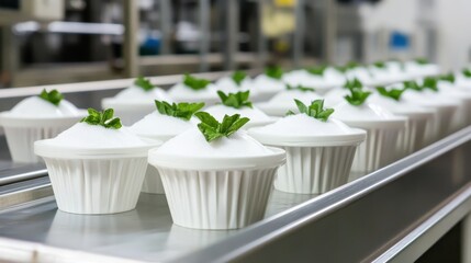 Rows of white cupcakes with green mint topping ready for commercial production