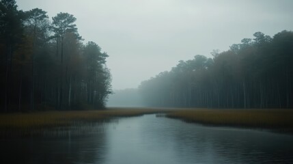 Salt marshes permanently submerged by rising sea water under a foggy gray sky with trees lining the banks