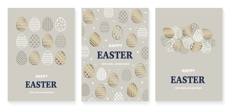 Minimal Easter greeting card with golden eggs. Elegant design. Set. Vector illustration