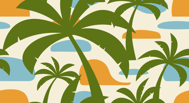 Seamless tropical pattern with green palm trees and abstract shapes in a retro, minimalist style. This flat vector illustration features a summer vacation theme with a vintage color palette