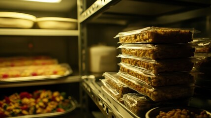 Stack of sealed emergency food rations compact and energy dense on a metal shelf