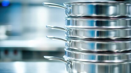 Stack of shiny stainless steel cooking pots and pans neatly arranged in a clean kitchen setting ready for culinary use