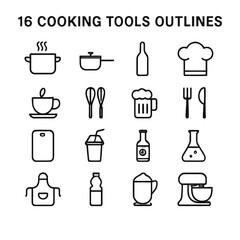 Black and white outlines depict sixteen common cooking tools and kitchen equipment high quality professional