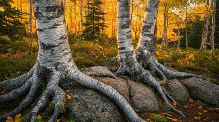 Strong tree roots of birch trees gripping rocks in a vibrant autumn forest with golden foliage and sunlight