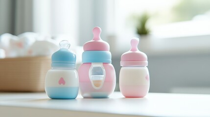 Three infant feeding bottles with pink and blue accents filled with milk on a light surface