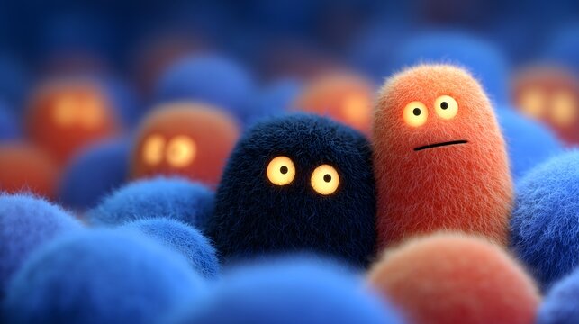 Cute cartoon microbes characters glowing in blue medical background 3d render