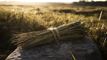 Bundle of dry brittle reeds tied with thin frayed cord lying on stone in a sunlit field