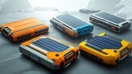 Various portable solar chargers and power banks are displayed in a clean modern setting