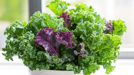 Vibrant green and purple kale leaves with dew kissed detail