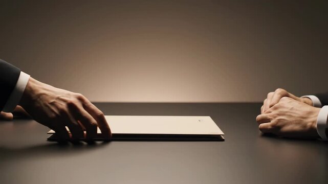 A person's hand slides a document across a dark table towards another person's clasped hands in a dimly lit, intense meeting or negotiation setting.