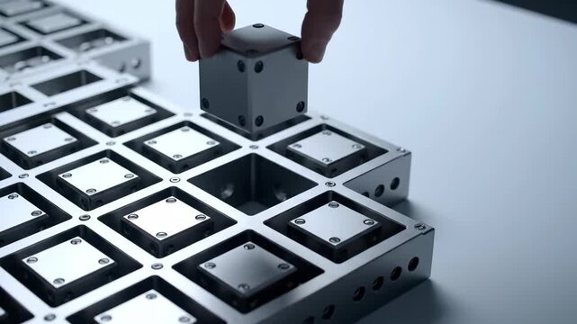 A hand precisely placing a silver metallic cube onto a grid of identical modular components.