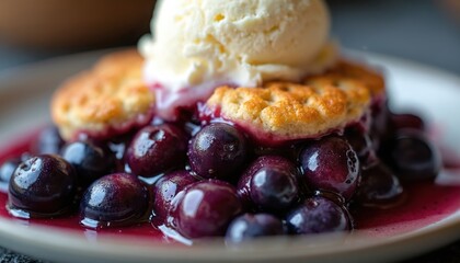 Fresh blueberry cobbler with biscuit topping served with melting vanilla ice cream on white plate. Juicy berries and sweet baked dessert ready to eat.
