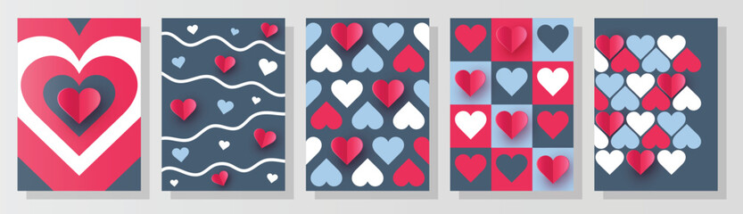 Set of abstract backgrounds with paper cut heart. Abstract design or Valentine&rsquo;s Day, Mother&rsquo;s Day and Women&rsquo;s Day. Vector illustration