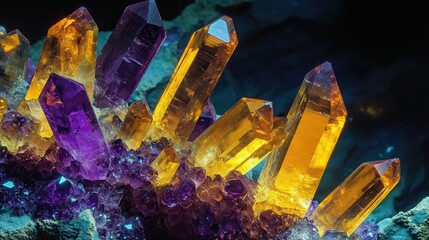 Close up of interlocking crystal shards in purple amethyst and yellow citrine