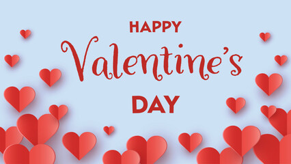 Happy Valentine&rsquo;s Day greeting card with flying paper cut hearts. Vector illustration