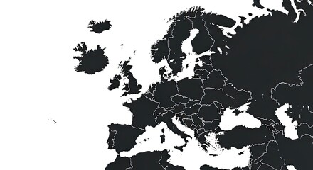 A map of Europe and parts of surrounding continents is illustrated in black and white, showcasing various countries and geographical boundaries © alghazali