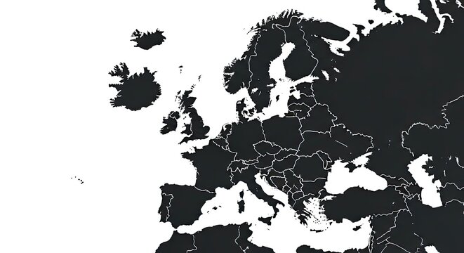 A map of Europe and parts of surrounding continents is illustrated in black and white, showcasing various countries and geographical boundaries