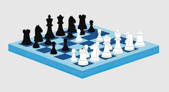 A 3D isometric illustration of a chessboard with black and white pieces in starting positions from a high-angle viewpoint